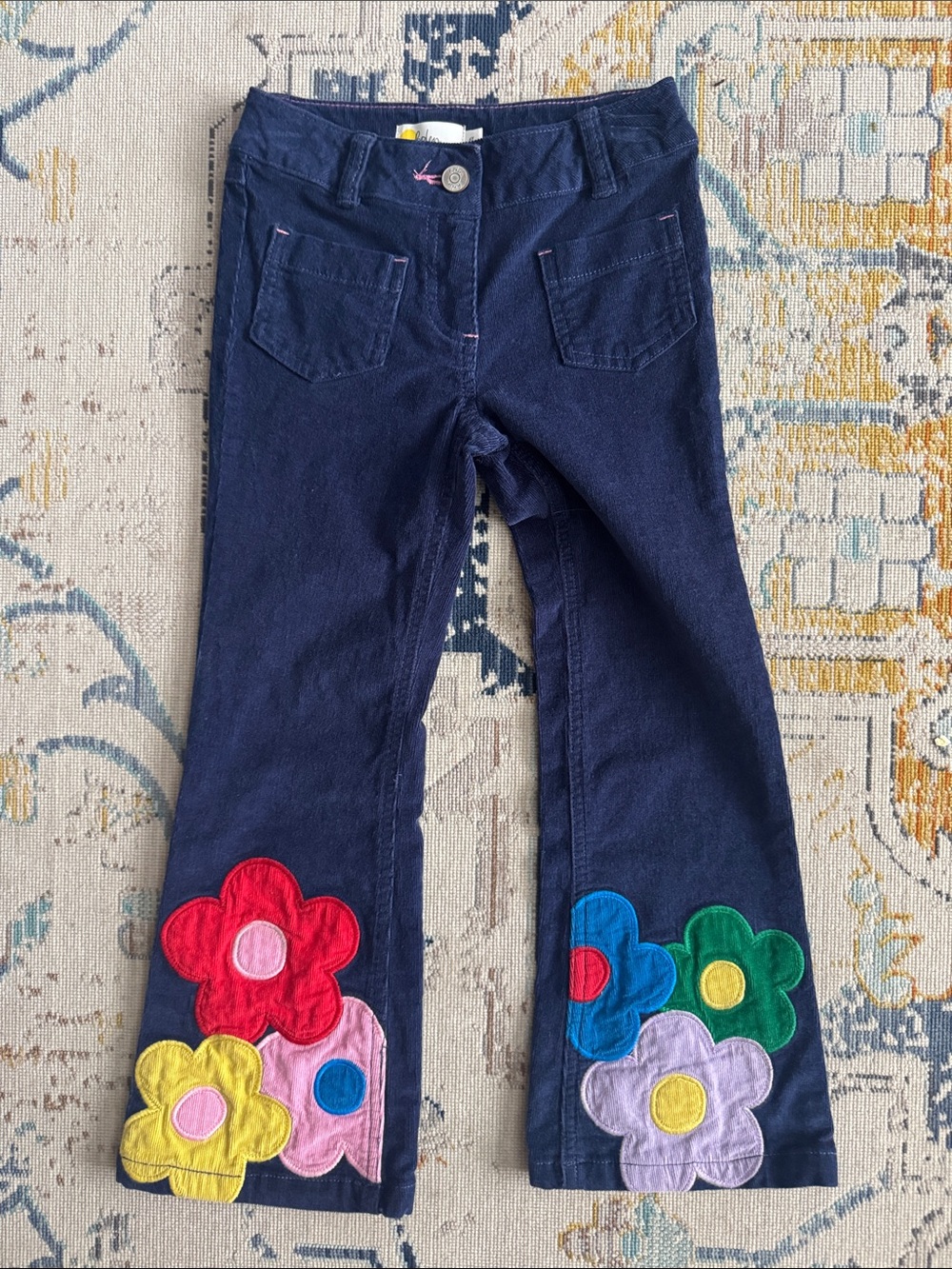 Boden Floral Patch Navy Corduroy flare Pants